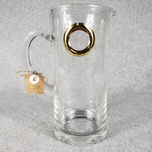 Mud Pie‎ Clear Glass Gold Ring Pitcher Gold Accent Handle Everyday Entertaining